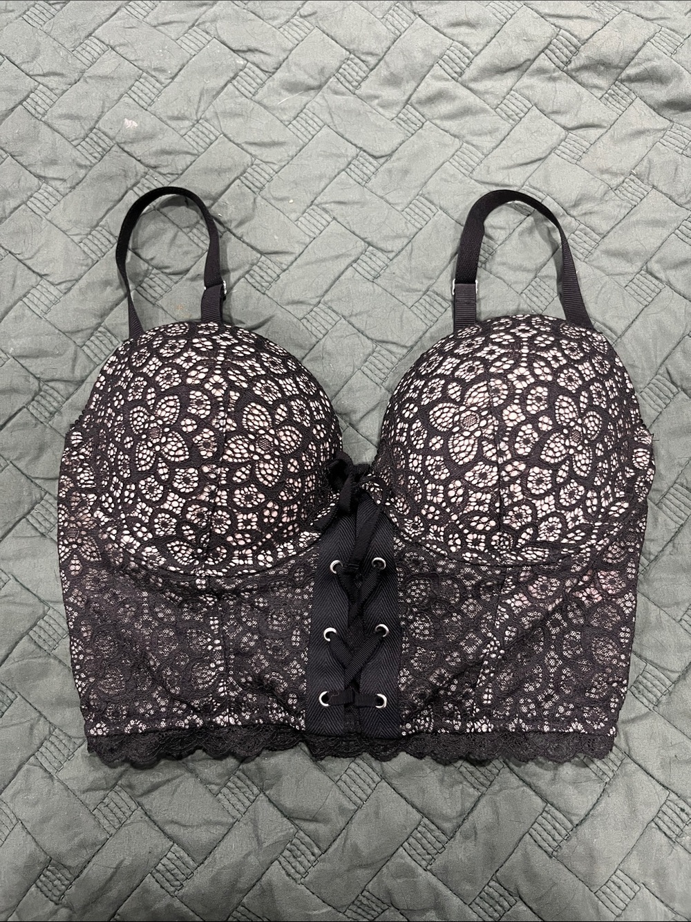 Victoria's Secret Black Lace Longline Bralette with Front Lace-Up
